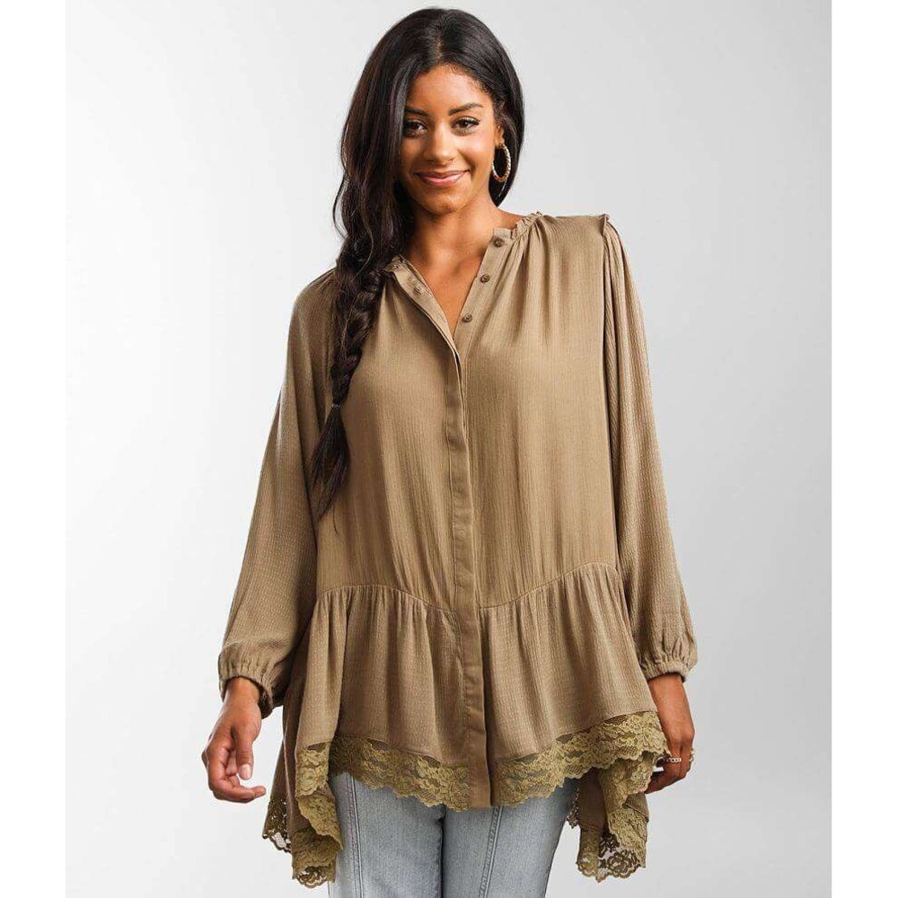 Gimmicks Womens L Olive Peasant Blouse Lace Trim Long‎ Sleeve Olive Green Top
